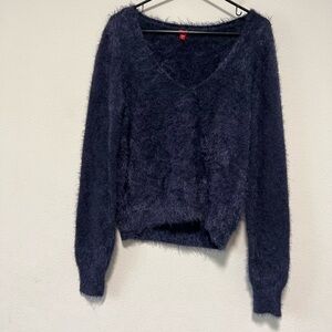 Guess Navy Blue V Neck Eyelash Cozy Soft Sweater Size XL